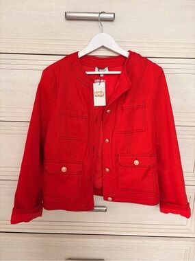 Women's Red Casual Blazer Jacket with Button Pockets